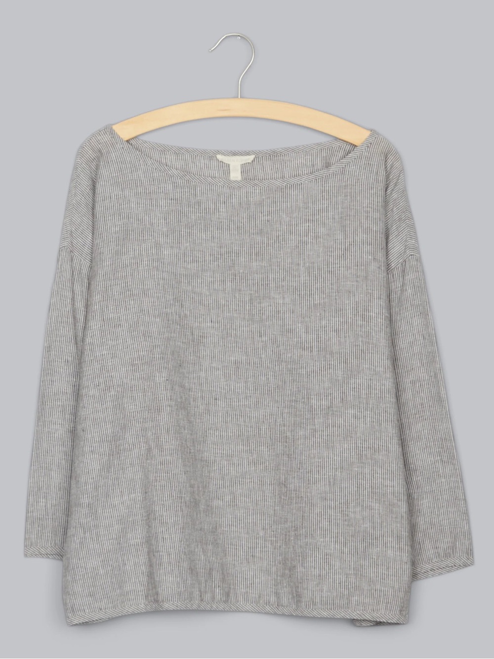 Eileen Fisher Hemp & Organic Cotton Mini-Stripe Chambray Shirt Large Boat-Neck